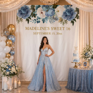Elegant Stofblauw Witte Bloemige Sweet 16 Foto Wandkleed