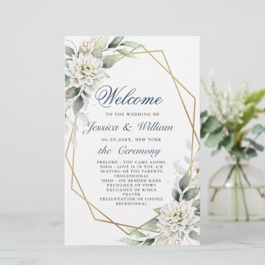 Elegant Stofblauwe Bloem Bruilofts Ceremonie Progr (Staand voorkant)