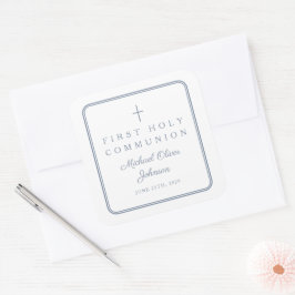 Elegant Stofblauwe Kruis Jongen Eerste Communie Vierkante Sticker