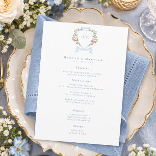 Elegant Stofblauwe Pastel Wilde Bloem Wapen Huweli Menu