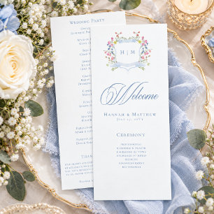 Elegant Stofblauwe Pastel Wilde Bloem Wapen Huweli Programmakaart