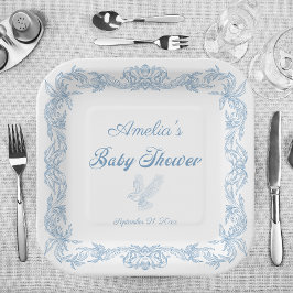 Elegant stoffig blauw barok filigraan Baby shower Papieren Bordje