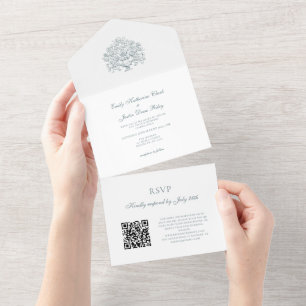  Elegant Stoffig Blauw Barok QR Code Bruiloft All In One Uitnodiging