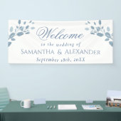 Elegant Stoffig Blauw Bladeren Welkom Bruiloft Spandoek (Beurs)