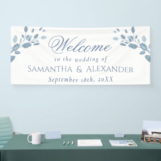 Elegant Stoffig Blauw Bladeren Welkom Bruiloft Spandoek (Beurs)