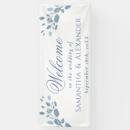 Elegant Stoffig Blauw Bladeren Welkom Bruiloft Spandoek (Verticaal)