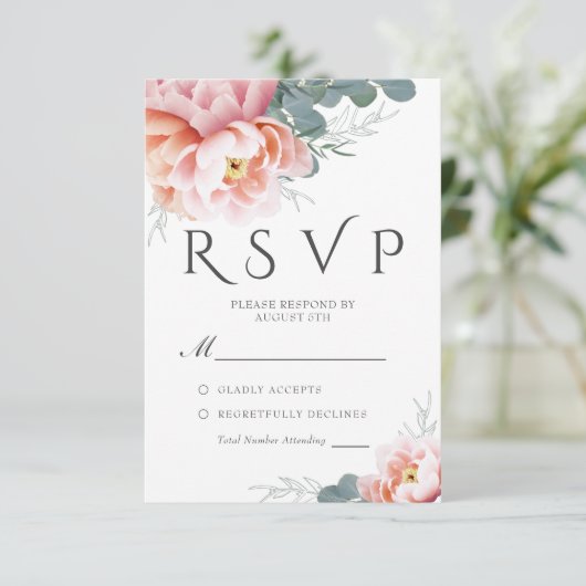 Elegant Stoffig Blauw Bloemblush Bruiloft RSVP (Staand voorkant)