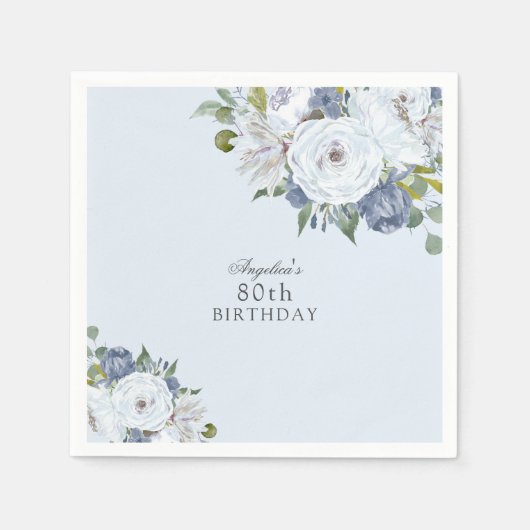 Elegant Stoffig Blauw Bloemen 80ste Verjaardagsfee Servet (Voorkant)