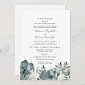 Elegant Stoffig Blauw Bloemen Beide Ouders Bruilof Kaart (Voorkant / Achterkant)