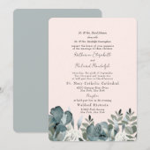 Elegant Stoffig Blauw Bloemen & Blush Bruiloft Kaart (Voorkant / Achterkant)