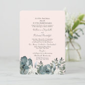 Elegant Stoffig Blauw Bloemen & Blush Bruiloft Kaart (Staand voorkant)