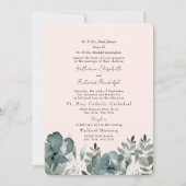 Elegant Stoffig Blauw Bloemen & Blush Bruiloft Kaart (Voorkant)