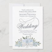 Elegant Stoffig Blauw Bloemen Boeket QR Code Bruil Kaart (Voorkant)