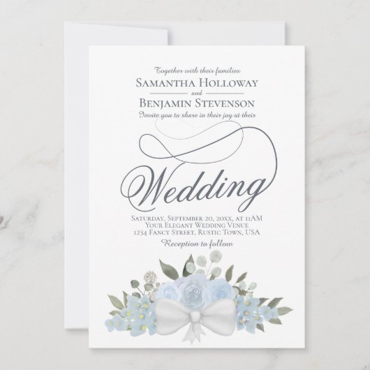 Elegant Stoffig Blauw Bloemen Boeket QR Code Bruil Kaart (Voorkant)