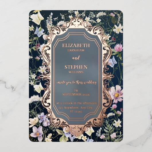  Elegant Stoffig Blauw Bloemen Bruiloft Folie Uitnodiging (Voorkant)