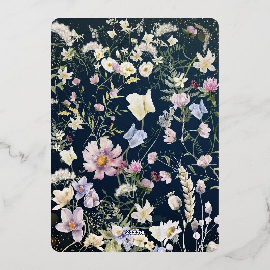 Elegant Stoffig Blauw Bloemen Bruiloft Folie Uitnodiging (Achterkant)