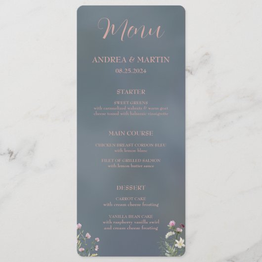  Elegant Stoffig Blauw Bloemen Bruiloft Menu (Voorkant)