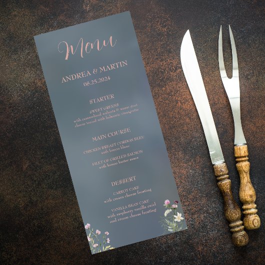  Elegant Stoffig Blauw Bloemen Bruiloft Menu