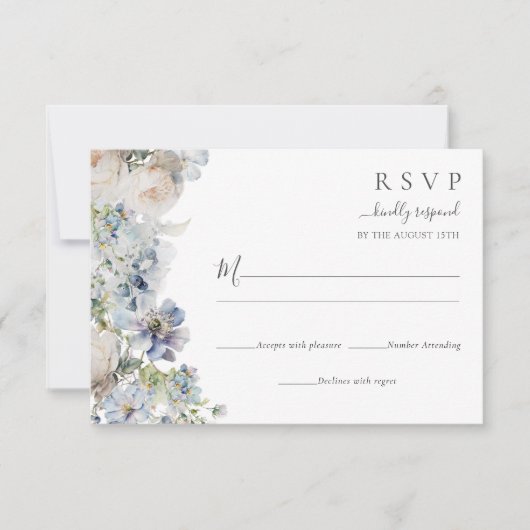 Elegant Stoffig Blauw Bloemen Bruiloft RSVP Kaartje (Voorkant)