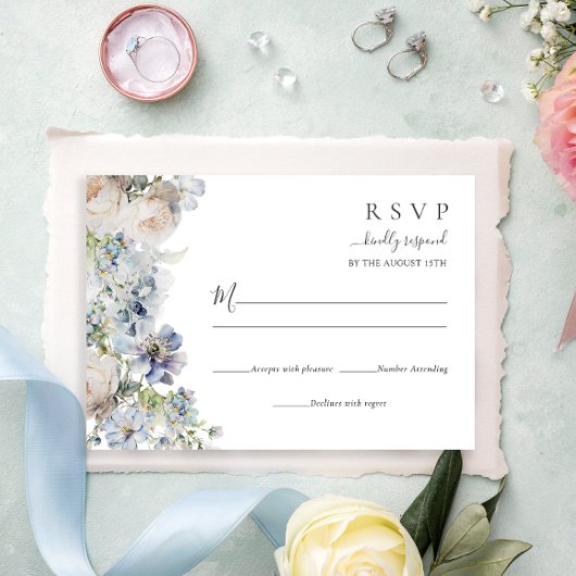 Elegant Stoffig Blauw Bloemen Bruiloft RSVP Kaartje