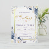 Elegant Stoffig Blauw Bloemen Goud Grens Bruiloft Kaart (Staand voorkant)