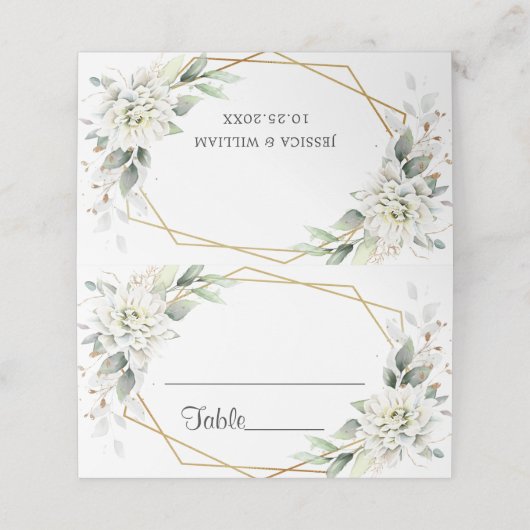 Elegant Stoffig Blauw Bloemen Groen Trouwtafel Plaatskaartje (Buitenkant ongevouwen)