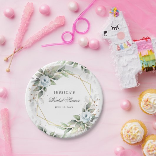 Elegant Stoffig Blauw Bloemen Groen Vrijgezellenfe Papieren Bordje (Feest)