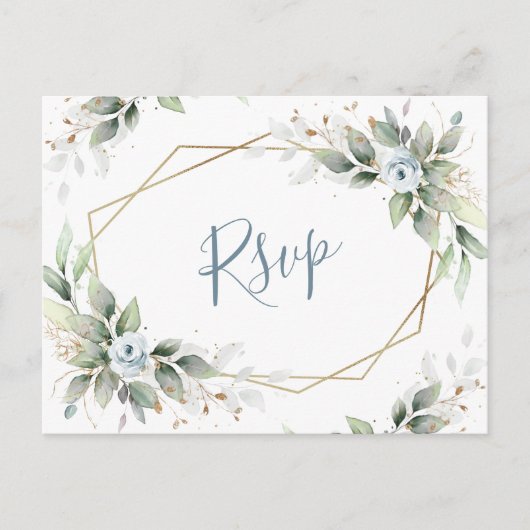 Elegant Stoffig Blauw Bloemen Groen Waterverf RSVP Briefkaart (Voorkant)