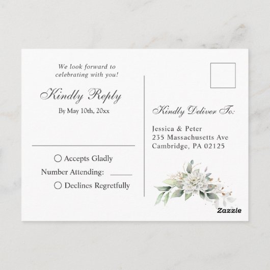 Elegant Stoffig Blauw Bloemen Groen Waterverf RSVP Briefkaart (Achterkant)