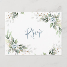 Elegant Stoffig Blauw Bloemen Groen Waterverf RSVP Briefkaart