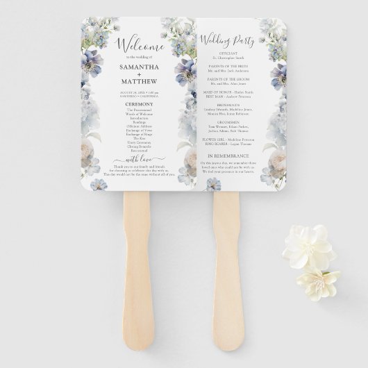 Elegant Stoffig Blauw Bloemen Huwelijksprogramma H Handwaaier (Voorkant en achterkant)