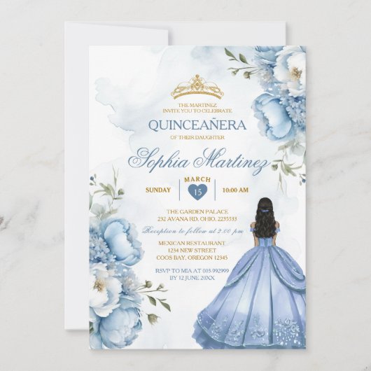 Elegant Stoffig Blauw Bloemen Prinses Quinceañera Kaart (Voorkant)