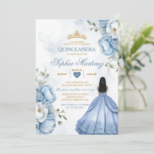 Elegant Stoffig Blauw Bloemen Prinses Quinceañera Kaart (Staand voorkant)