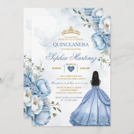 Elegant Stoffig Blauw Bloemen Prinses Quinceañera Kaart (Voorkant / Achterkant)