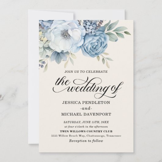 Elegant Stoffig Blauw Bloemen Salie Groen Bladeren Kaart (Voorkant)