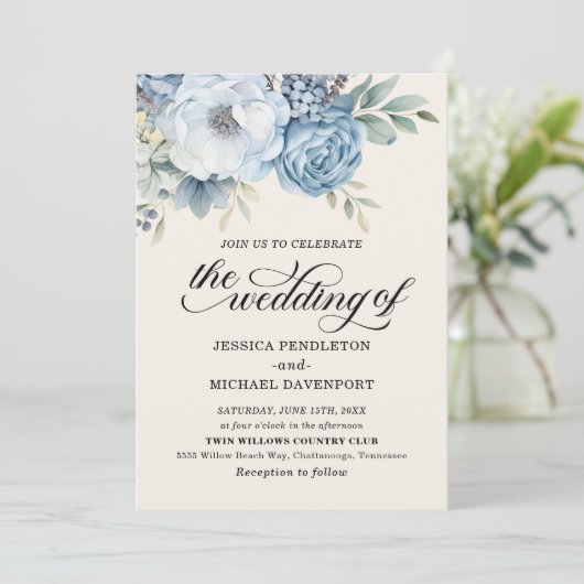 Elegant Stoffig Blauw Bloemen Salie Groen Bladeren Kaart (Staand voorkant)