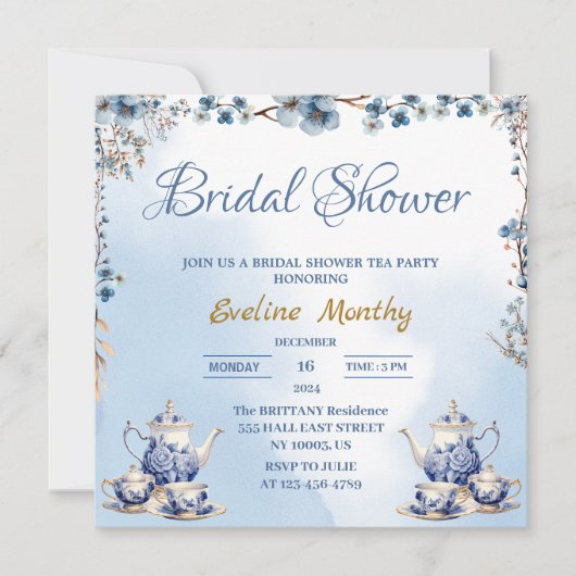 Elegant Stoffig Blauw Bloemen Thee Party vrijgezel Kaart (Voorkant)