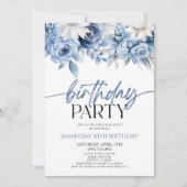 Elegant Stoffig Blauw Bloemen Verjaardagsfeest Kaart (Voorkant)