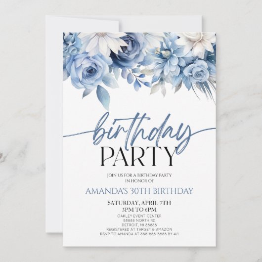 Elegant Stoffig Blauw Bloemen Verjaardagsfeest Kaart (Voorkant)