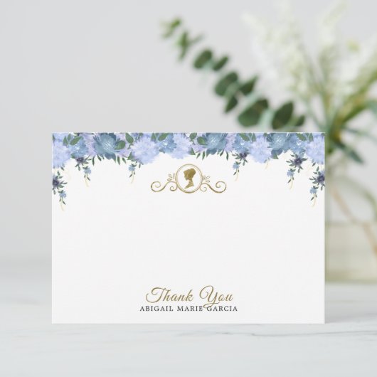 Elegant Stoffig Blauw Bloemen Victoriaans Vrijgeze Bedankkaart (Staand voorkant)