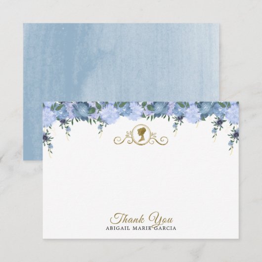 Elegant Stoffig Blauw Bloemen Victoriaans Vrijgeze Bedankkaart (Voorkant / Achterkant)