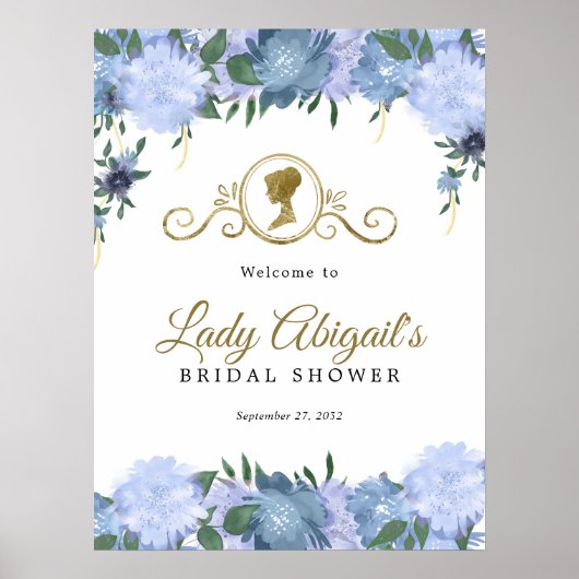 Elegant Stoffig Blauw Bloemen Victoriaans Vrijgeze Poster (Voorkant)