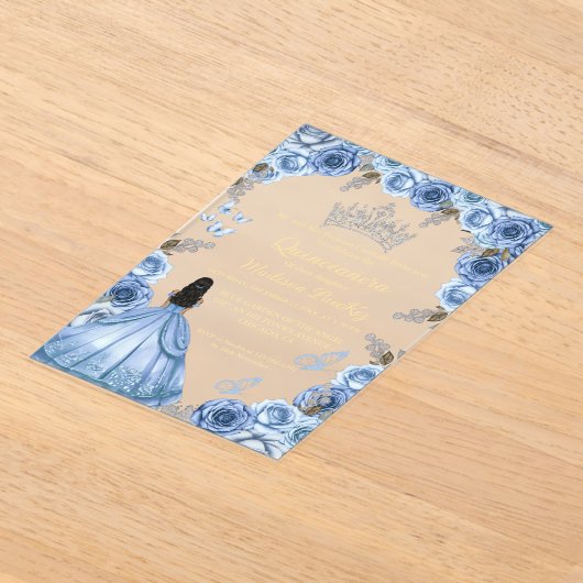 Elegant Stoffig Blauw Bloemen Vlinder Quinceanera Acryl Uitnodigingen (Laagn)