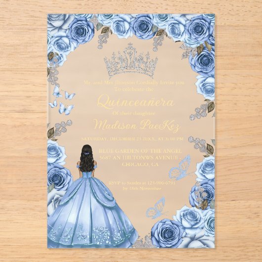 Elegant Stoffig Blauw Bloemen Vlinder Quinceanera Acryl Uitnodigingen