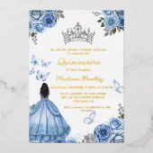 Elegant Stoffig Blauw Bloemen Vlinder Quinceanera Folie Uitnodiging (Voorkant)
