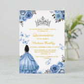 Elegant Stoffig Blauw Bloemen Vlinder Quinceanera Folie Uitnodiging (Staand Voorkant)