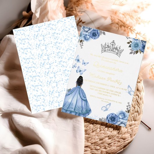 Elegant Stoffig Blauw Bloemen Vlinder Quinceanera Folie Uitnodiging