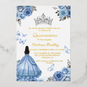 Elegant Stoffig Blauw Bloemen Vlinder Quinceanera Folie Uitnodiging (Voorkant)