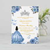 Elegant Stoffig Blauw Bloemen Vlinder Quinceanera Folie Uitnodiging (Staand Voorkant)