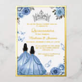Elegant Stoffig Blauw Bloemen Vlinder Quinceanera Folie Uitnodiging (Voorkant)